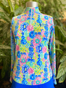 IBKUL Long Sleeve Floral Zip Mock Golf Sun Shirt